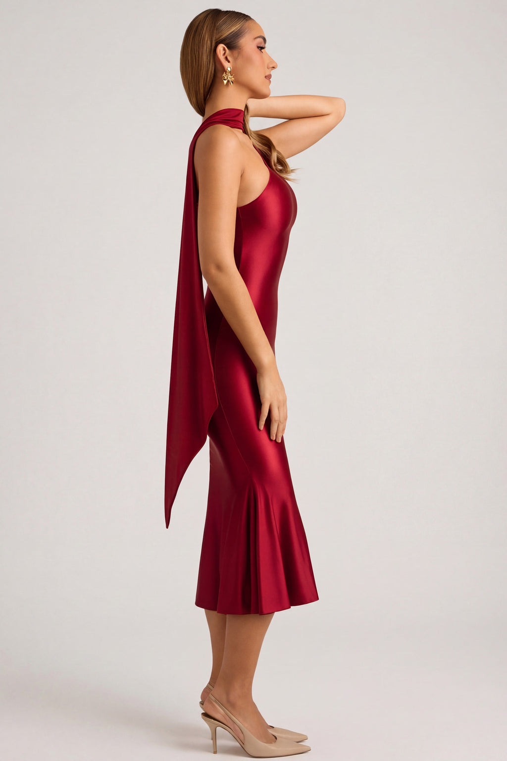 Asymmetric Scarf-Detail Midaxi Dress in True Red
